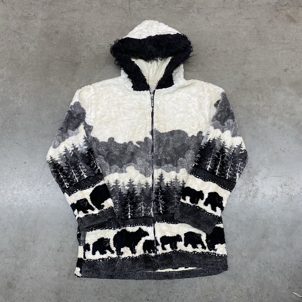 VTG Black Mountain Bear Wolf Scenic‎ Fleece Zip Hoodie USA Made Large